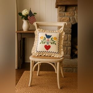 Vintage Folk Art Ruffled Pillow Bluebird Heart Tulip Design 16” Country Decor